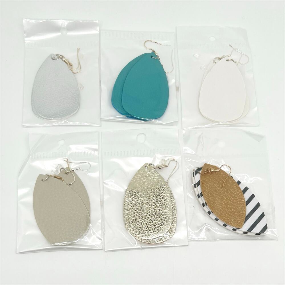 Lot of 6 Faux Leather Teardrop Earrings Silver Gold Tan White Turquoise Striped